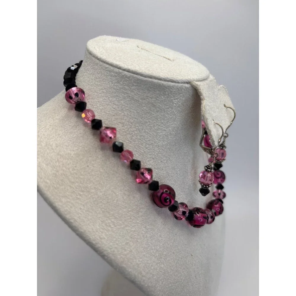 Pink Black Glass Wire Strung Beaded Toggle Choker Necklace Earrings 14” Length
